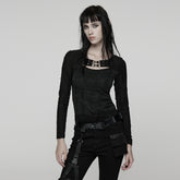 WT-1034TCF Gothic Buckle Strap Black Long Sleeve Punk T-Shirt